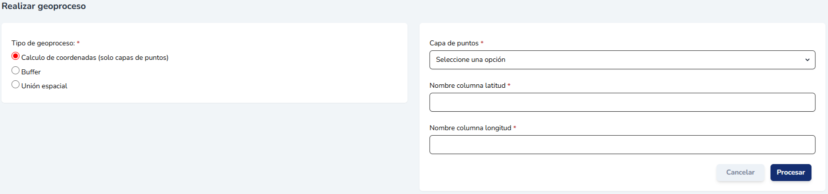 Formulario de cálculo de coordenadas