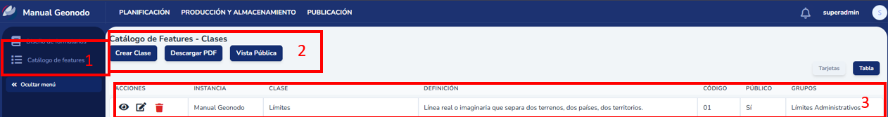 Vista general de la interfaz del módulo Catálogo de Features