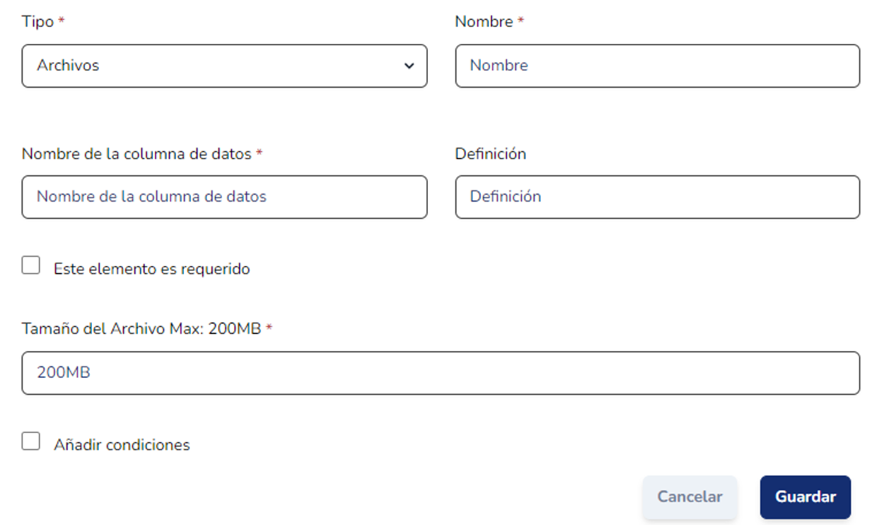 Parámetros de configuración de un campo de tipo Archivos