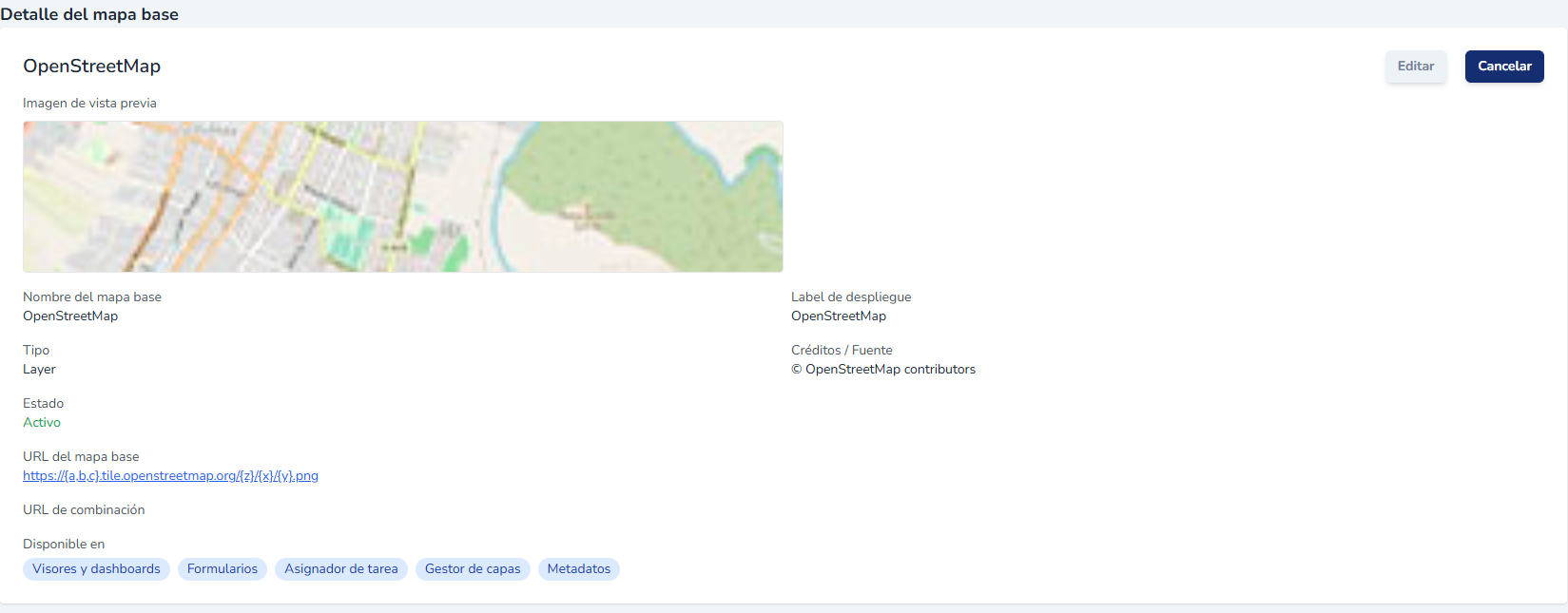 Vista de detalle de un mapa base registrado